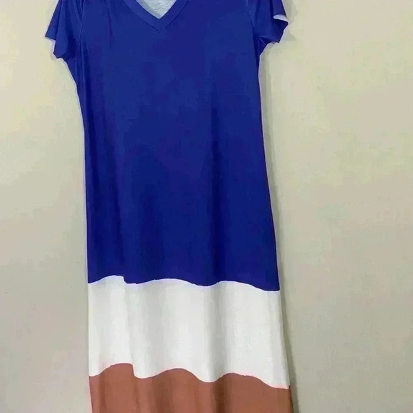 Blue, white and copper raw edge maxi dress - Picture 2 of 4